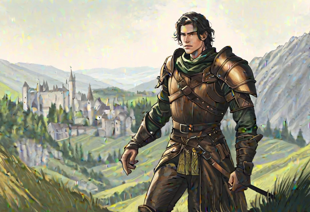 colored pencils, pictorial \(styled\), male rogue from the Elder Scrolls series, trunk, portraite, short dark hair, golden eye, Light green skin, brown leather armor, simple shoulder pad, black leather boots in a medieval European landscape, Dynamic shading, extremely detaild, light and dark colors,