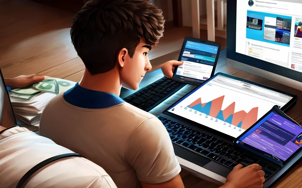 Thousands of followers on my website. Social media traffic. Young man at the computer money