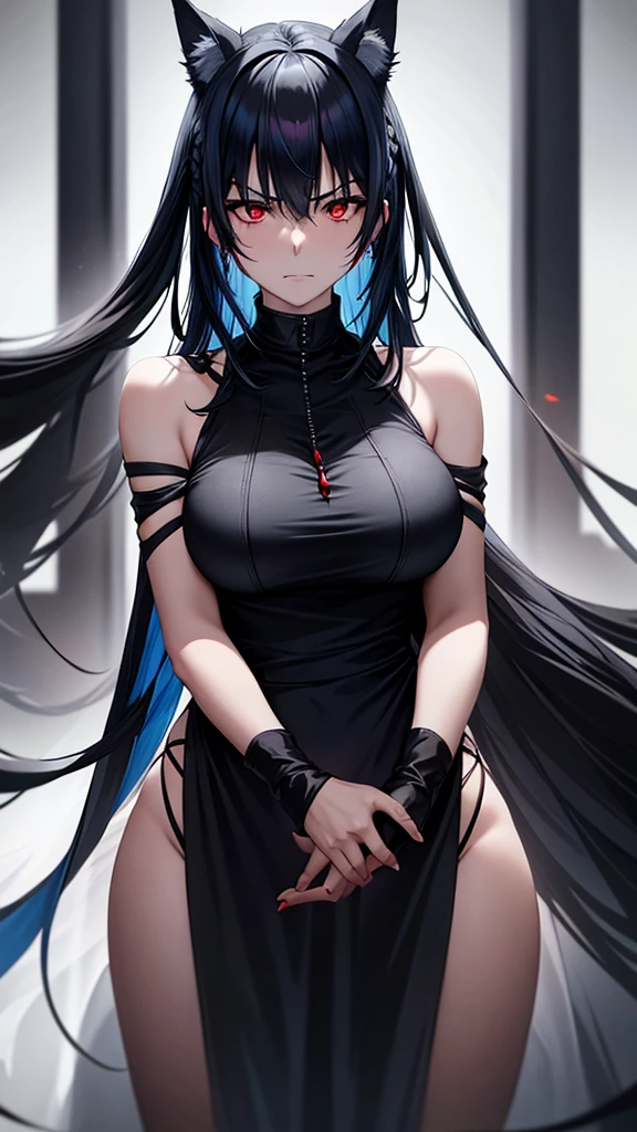 An adult woman, half wolf, black and blue hair, black ears, shining red eyes, wearing a black and blue dress, very angry, wide breasts