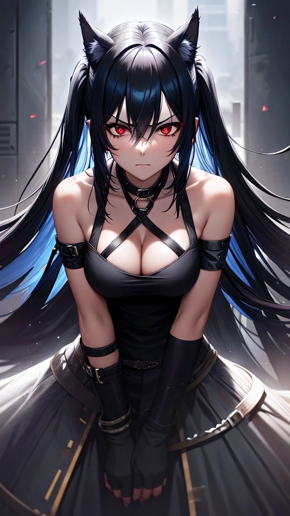 An adult woman, half wolf, black and blue hair, black ears, shining red eyes, wearing a black and blue dress, very angry, wide breasts