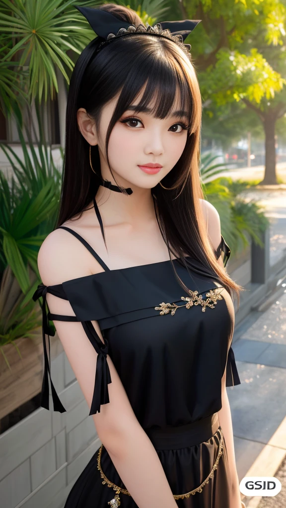 (Arabian style Asian woman wearing black top and black ribbon), Delicate and beautiful skin, Silky smooth hair, beautiful Asian Girl, Realistic young gravure idol, Trending on cgstation, Gorgeous Chinese Model, Chinese Girl, Japanese Model, Beautiful breasts, Young and pretty Asian face, young Asian Girl, It's hot with the shining sun, pretty girl, Asian Girl, Trending on cgstation, (beautiful girl, Baby Face, cute beautiful face), (Sexy side bangs:1.2), (Detailed eyes and face;1.3, Professional photography techniques)