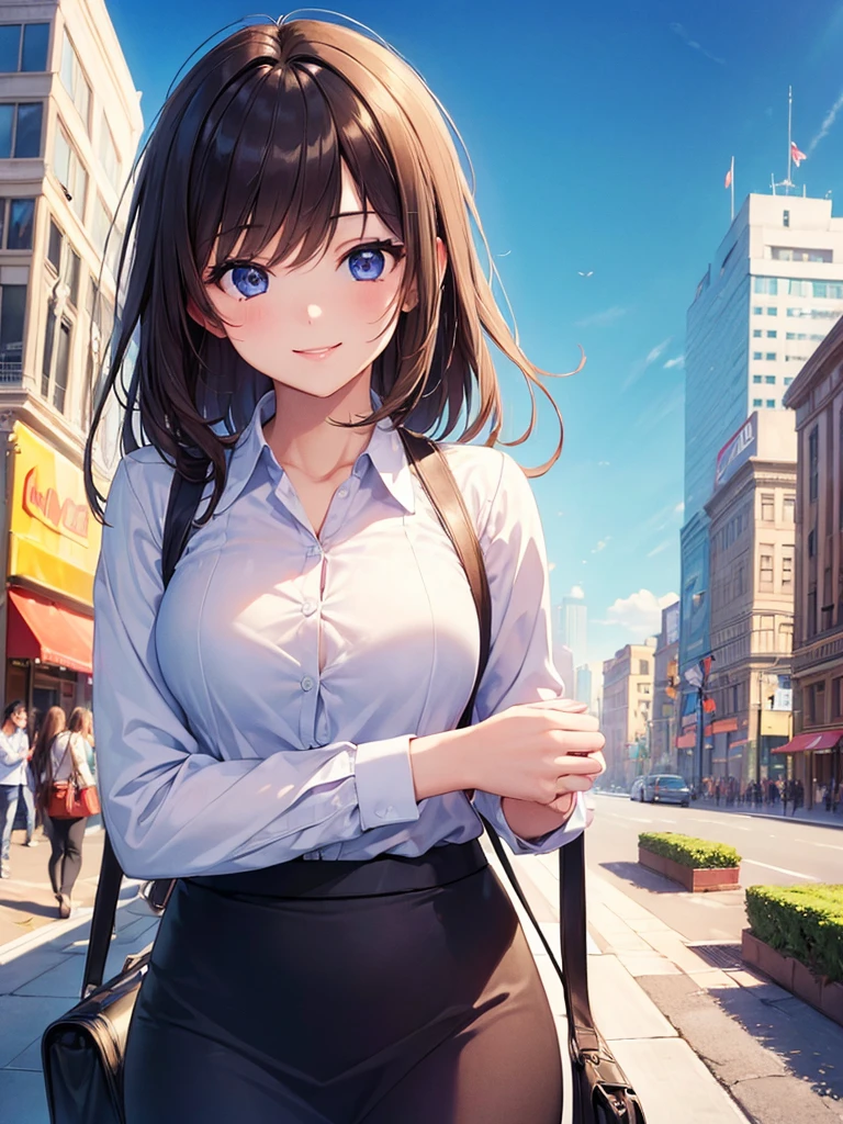 (masterpiece:1.5),(Beat quality),(high res),1girl solo,beautiful face,smile(shining eyes),upper body,light effects,Office Lady,In the city during the day