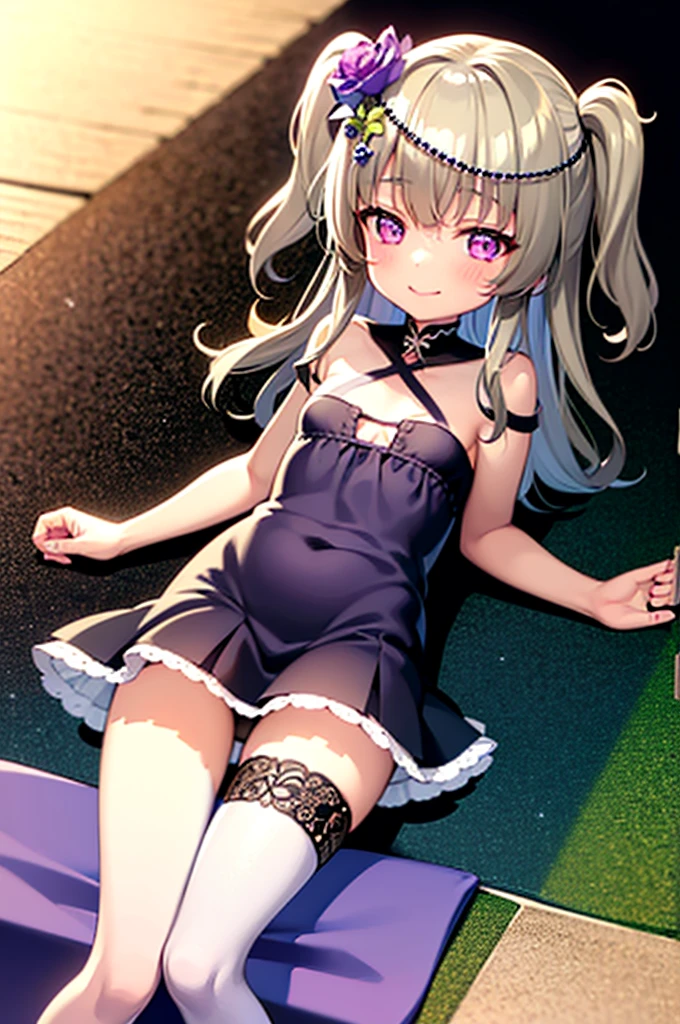 Himari Meimei, masterpiece, slim thighs, petit body, little young girl, flat chest, {1 Girl}, Cute and shy smile, Highly detailed sparkling purple eyes, In summer beach, nudist beach, 困り眉, open legs, legs up, silver grey hair, lying on beach bed