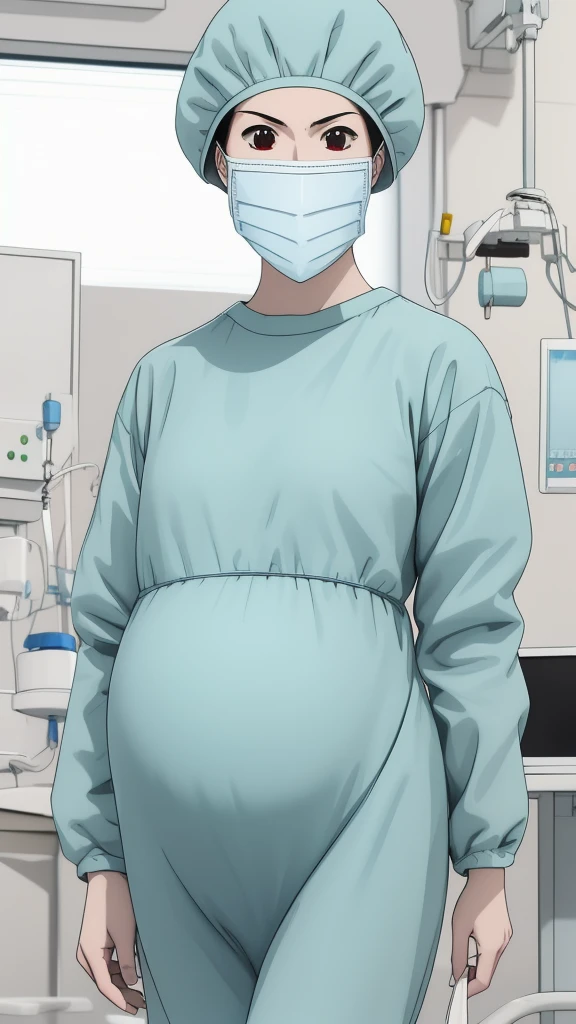 masterpiece, highest quality, source_anime, the view is turned slightly to the side, upper body, (RAW photo, best quality), 1girl, long hair, frown, pale skin, worried eyes big breasts, big tits, pregnant, stand, natural lighting, solo, hospital, in the operating room, operating room background, 
ray kasugano, pregnant with big belly, (give a score of 9_give a score of 8_give a score of 7) long sleeve Surgical dress, bouffant cap, cover the ears, surgical mask, long surgical gloves, the picture tells the story of a pregnant woman who has abdominal pain close to giving birth,