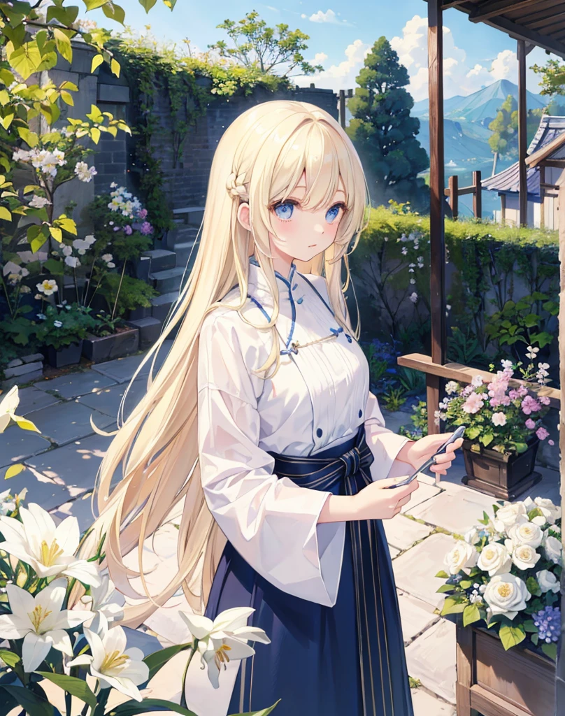 青い目でLight blonde hairの長髪の美女、goddess、White clothes、flower、Detailed landscape、Background Information、masterpiece, garden, blue sky, Light blonde hair, Long Hair, Long eyelashes、