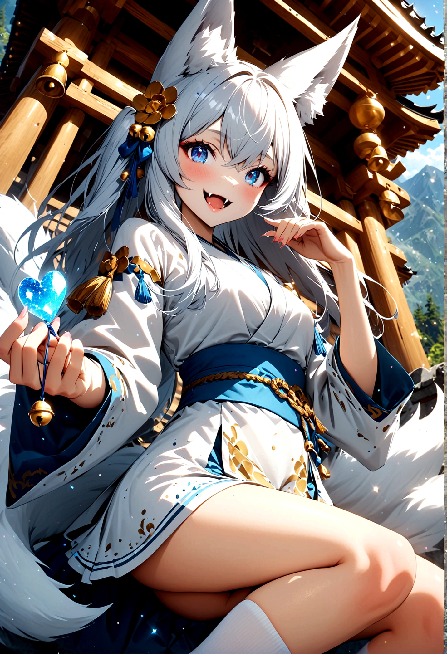 Kitsune human girl in her 20s with long white hair and white fox ears wearing white kimono with a blue belt with a white skirt and shirt socks with a blue ties blue eyes and from below a thin yellow colour holding string bells with a lot of blue sparkles around her and she has nine white tails as she's smiling with her mouth open revealing her fox fangs background holy Shrine in the mountains 