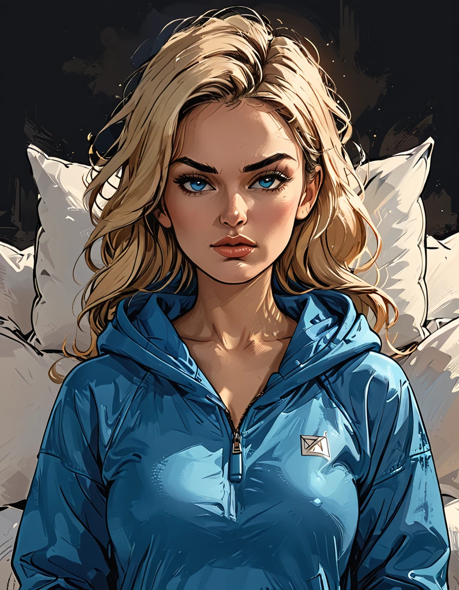 ((((glow blue eyes)))), (angry),girl lies with ((glow blue eyes closed)) in (Blue oversized hoodie) at sofa at (dark green office), adult, [Nordic], Hourglass elongated fitness body, perfect Olive skin, Oval Face, Long neck, Rounded shoulders, perfect hand, Attached Pointed ears, round forehead, Short blonde Waves pixie hair, snub nose, Arched eyebrows, High Round Narrow cheekbones, Dimpled Cheeks, Rounded Chin, Rounded Jawline, Full nude Lips, Nude Makeup Look, long eyelashes, graphic style of novel comics, 2d, 8k, hyperrealism, masterpiece, high resolution, best quality, ultra-detailed, super realistic, Hyperrealistic art, high-quality, ultra high res, highest detailed, lot of details, Extremely high-resolution details, incredibly lifelike, colourful, soft cinematic light,