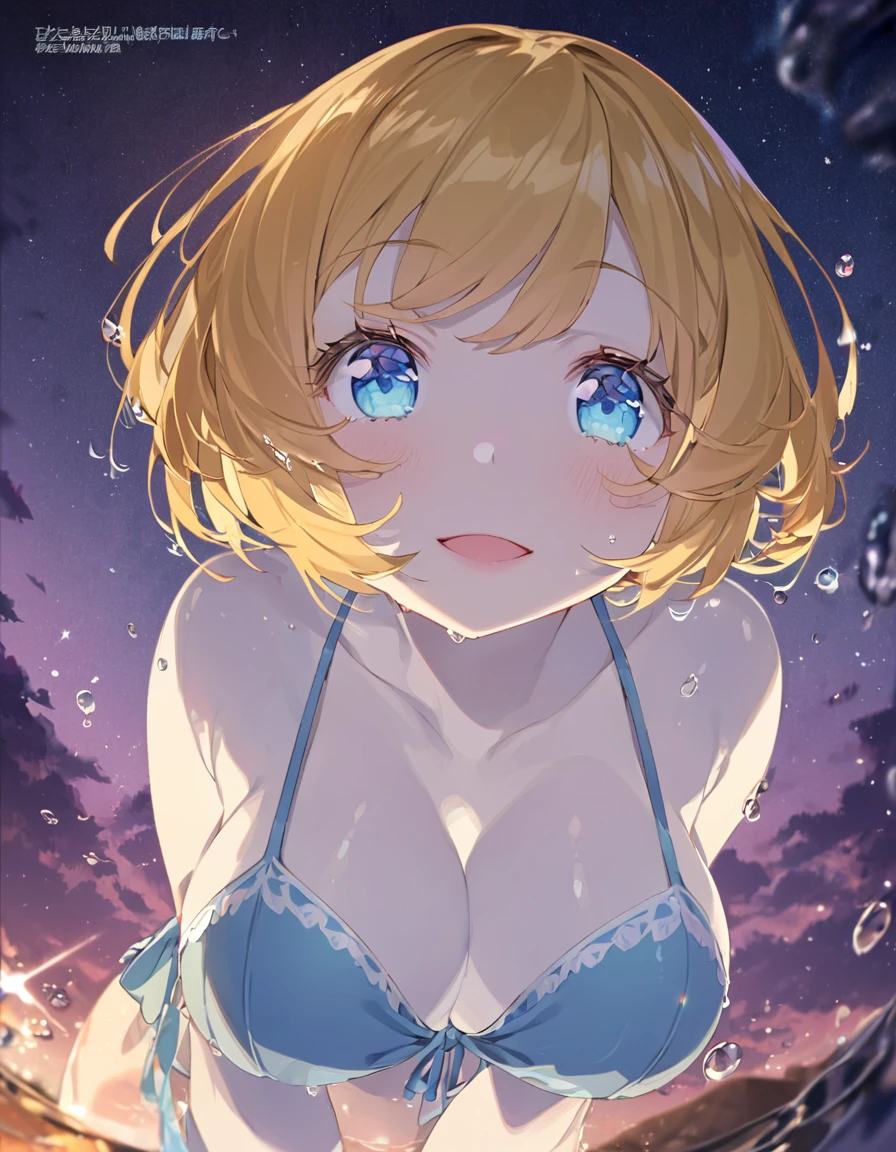 A cute girl in a swimsuit(original bikini swimsuit)(Small body) (Little Girl:1.5), (blonde:1.5)(eyelash:1.2)(eye shadow:1.3) (Blue eyes:1.5), (Beautiful fine details:1.4) (Short Bob Hair:1.4), (Blue eyes)(Big Breasts:1.3) (White skin:1.2)Height: 130cm, original character, Fantasy, View Viewer Art: (A girl with beautiful deep eyes. The depth of field in the photo is perfect、Lens flares create a nice atmosphere. The details of her face really stand out, This photo definitely gets a 10 or more.. background, There is a beautiful sea with crystal clear water and water droplets floating on the surface. Laughing happily