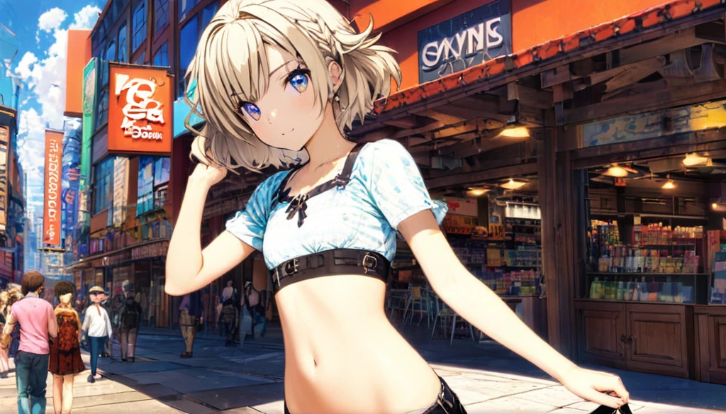 ((Anime Infinite Stratus Art, 8k, ultra full high definition, epic quality, epic texture)). the theme is exhibitionism. The setting is a big shopping, Very detailed, it's summer, it's daytime, there are some shops, there are people passing by the scene. The focus is a girl, her name is Sophia, , Brazilian, very short stature, very messy blonde hair(short:1.9) with bangs(long:1.5), ice blue eyes, wonderful face, she has white skin, skinny body, narrow chest, round boobies, thin waist, very narrow hips, big and perky butt, she's wearing a skirt and a very low-cut flowery shirt(short:1.9), she's naive she is very shy and lewd, she is walking in the setting. The atmosphere is lively.