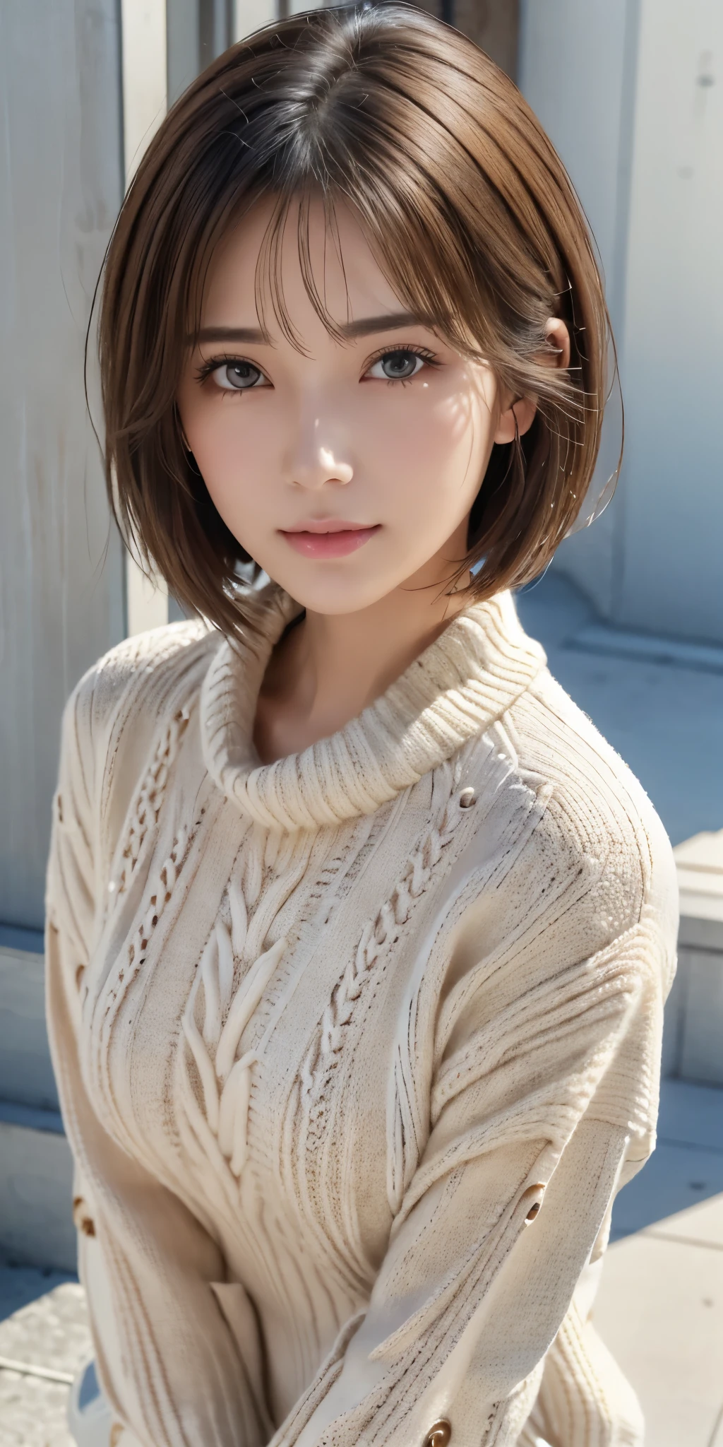 (masterpiece:1.5)、(realistic:1.5)、(highest quality:1.4、8K、RAW photo）、 ultra high resolution、professional lighting、perfect dynamic composition、film grain、chromatic aberration、(Bokeh:1.1)、 Frank、Sophisticated、charm、超realistic、high detail、golden ratio、 (1 girl)、slender girl、繊細でcharm女の子、cute woman:1.4、 serious expression、looking at the viewer、light brown hair、shining hair、The hairstyle is a bob cut、 skin that looks real、 close your mouth、fine eyes、double eyelid、thin arms、white high neck rib sweater