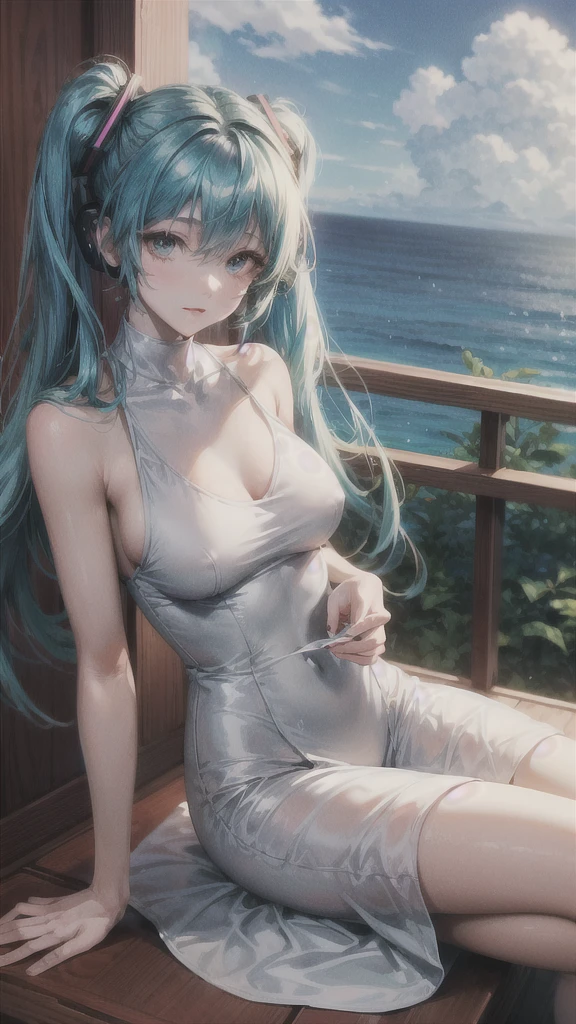 Makoto Shinkai-style background。
Under the blue sky。
Nature。
Sitting。
Mature sexy woman。
It&#39;s also cute.。
A pure-looking Hatsune Miku wearing a white dress