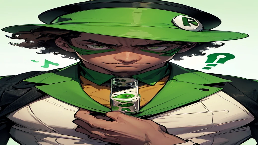 "Create an abstract art image in a monochromatic white and green color scheme, featuring the character Riddler as the focal point. The Riddler should be wearing a green bowler hat and a green blazer with white question marks. He should have dark skin, kinky hair, and brown eyes, with his face depicted in a mysterious, partially hidden manner."