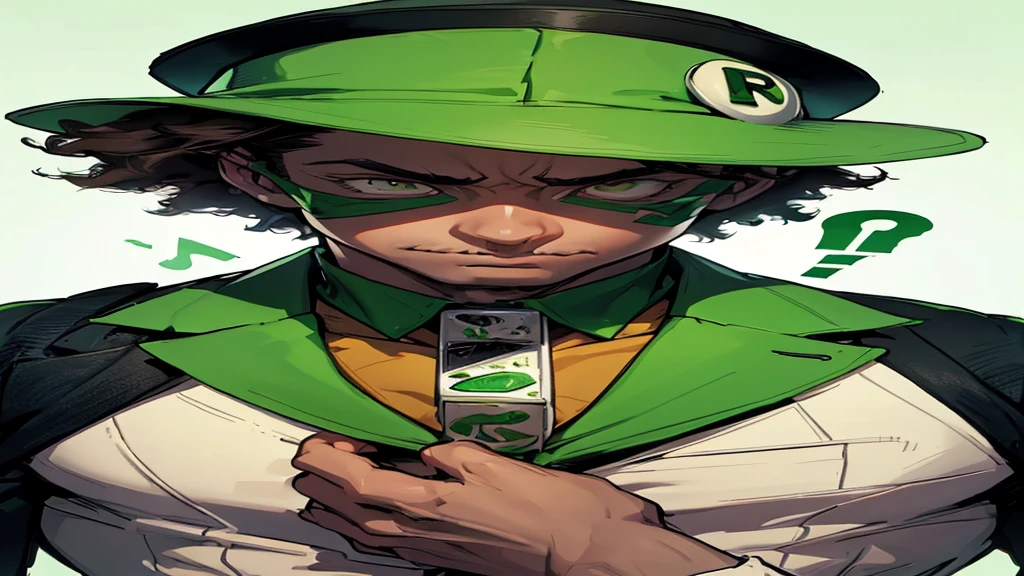 "Create an abstract art image in a monochromatic white and green color scheme, featuring the character Riddler as the focal point. The Riddler should be wearing a green bowler hat and a green blazer with white question marks. He should have dark skin, kinky hair, and brown eyes, with his face depicted in a mysterious, partially hidden manner."