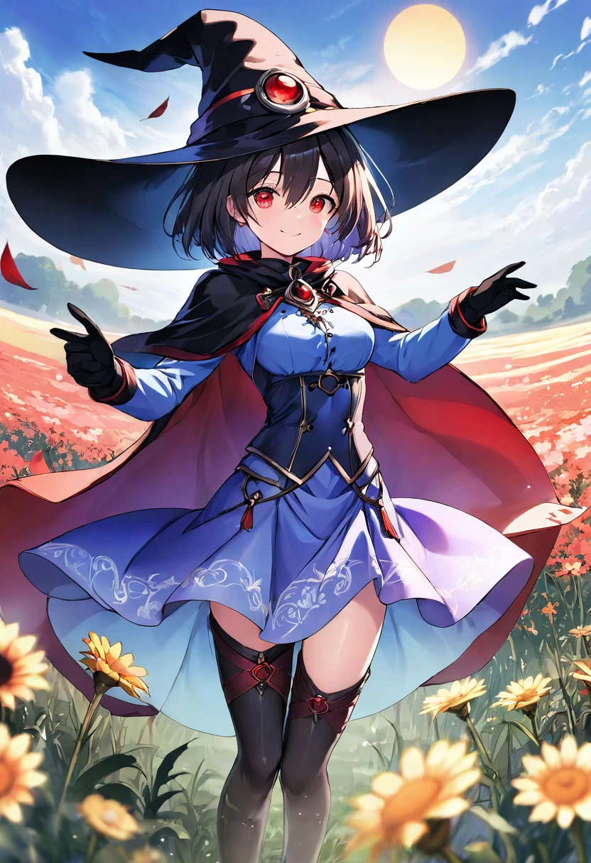 score_9, score_8_up, score_7_up, depth of field, looking at viewer, soft anime. Beautiful 1woman. Mage. Magic circle. Flowing cloak, tunic, gloves, skirt, corset, boots. Highly detailed face, short hair, highly detailed red eyes. Curvy. Open field of flowers. Blurred background. Sunset. Natural light enhancing contours of her body... Sunrise. Sky is gradient blue and purple. Smile. . Clouds. Witch hat. Hand behind back