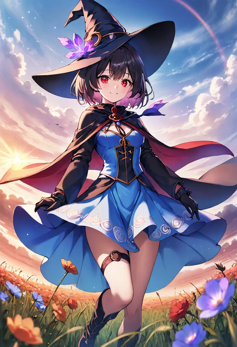 score_9, score_8_up, score_7_up, depth of field, looking at viewer, soft anime.  Beautiful 1woman. Mage. Magic circle. Flowing cloak, tunic, gloves, skirt, corset, boots. Highly detailed face, short hair, highly detailed red eyes. Curvy. Open field of flowers. Blurred background. Sunset. Natural light enhancing contours of her body... Sunrise. Sky is gradient blue and purple. Smile. . Clouds. Witch hat. Hand behind back