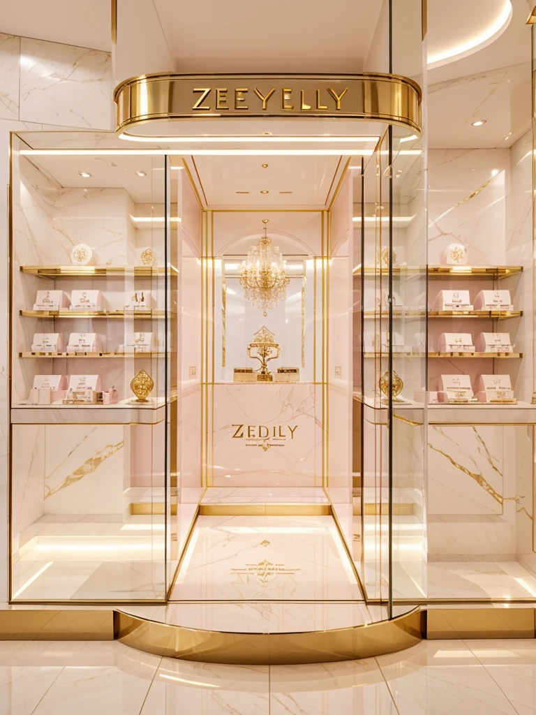 An ethereal-looking, big, classy, luxurious, well-known perfume shop, with a “ zeidney“ logo, with color soft pink, a bit of gold, and white 