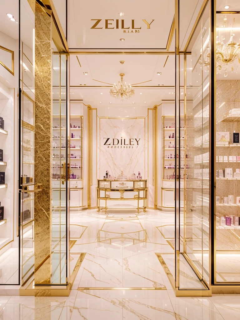 An ethereal-looking, big, classy, luxurious, well-known perfume shop, with a “ zeidney“ logo, with color soft pink, a bit of gold, and white
