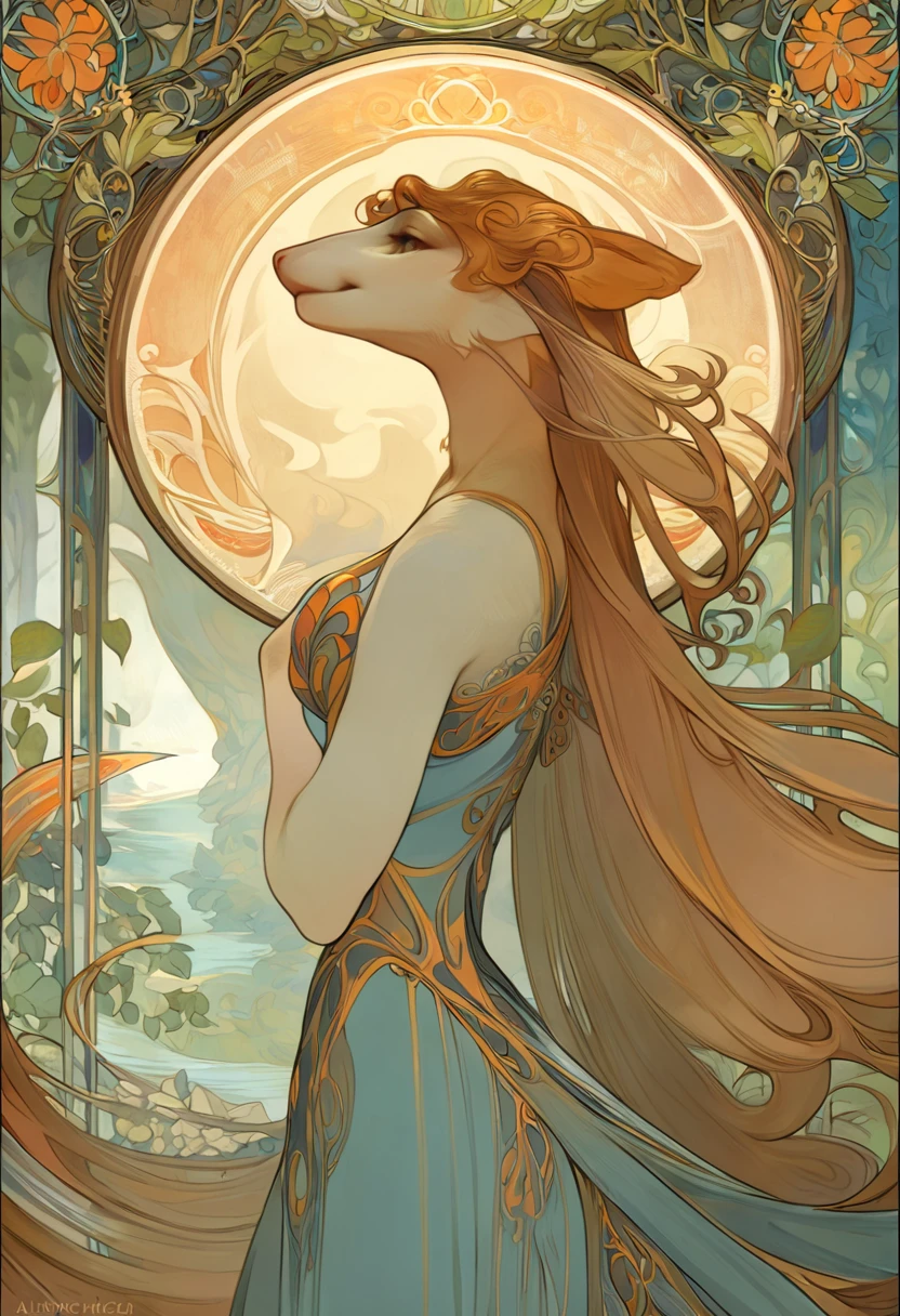cover page, highres, top quality, best quality, paid reward available, unparalleled masterpiece, perfect artwork, absurdres, High-quality illustrations by Alphonse Mucha, art nouveau, Delicate and elegant linework, flowing hair, Flowing Dresses, Curvilinear lines, Decoration with plant motifs, Geometric decoration, Poetic atmosphere, Rich colors, Dreamy, mystical, Tarot Card(In the forest where the stream flows, Backlighting)perfect anatomy(Furry, Solo focus, Dress, Long Globe)(furry anthro:1.7)((8furry body, Facial features of animals, Features of the animal's body)))All over body, Archaic Smile (portrait),