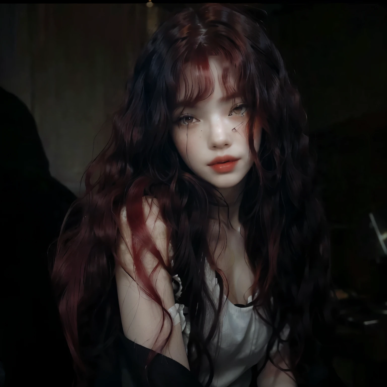 there is a woman with long red hair sitting on a bed, curly bangs, with long, curly hair, Long, curly red hair, curly black hair, she looks like a mixture of dirt, long wild curly red hair, curly red hair, long curly red hair, hime black haircut, long curly red hair, with curly red and silver hair