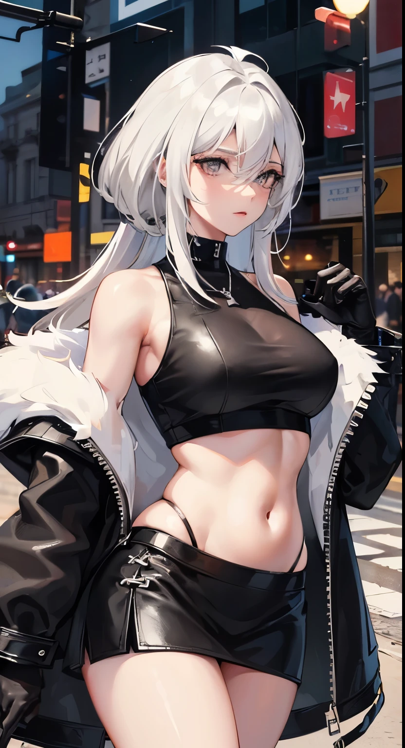 Photograph of the upper body of a beautiful woman, , big breasts, perfect body), Sharp focus, (plump body, mature woman), ((Looking ahead)), (Highly detailed skin, hair follicles:1.4,) (long hairstyle , white hair, Grey eyes) , (black crop top:1.47),(black leather skirts),(fur jacket),chain , Cross necklace , cross chain, city scenery , punk , night light , high quality ,cold expression, one leather gloves , biker style , cool , street wears , light sexy