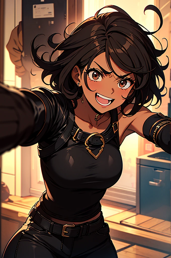 melhor qualidade)), ((Obra de arte)), (detalhado), 1 woman with black race, mulatta, extreme curly hair, short hair, brown skin, brown eyes, black tank top , black pants, open leather jacket, emo style, threatening appearance, frightening smile, in a tournament, during a fight.
