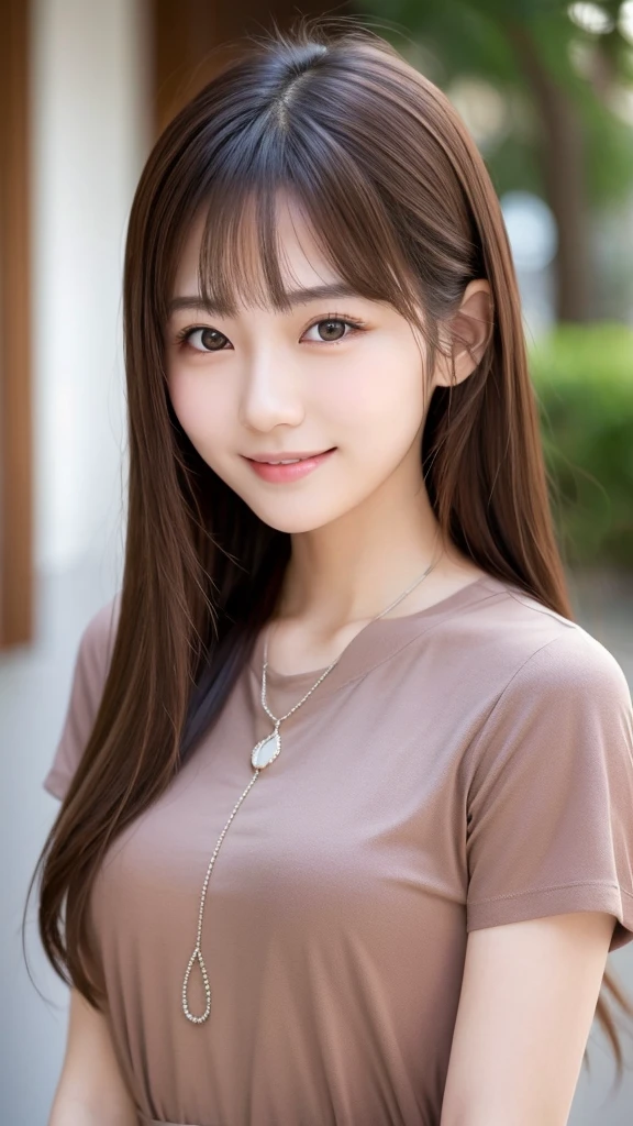 Beautiful and elegant Japanese woman, cute woman who looks good with a smile, beautiful eyes, late s, brown hair, pendant, T-shirt 