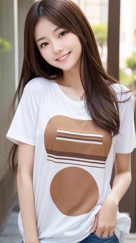 Beautiful and elegant Japanese woman, cute woman who looks good with a smile, beautiful eyes, late teens, brown hair, pendant, T-shirt 