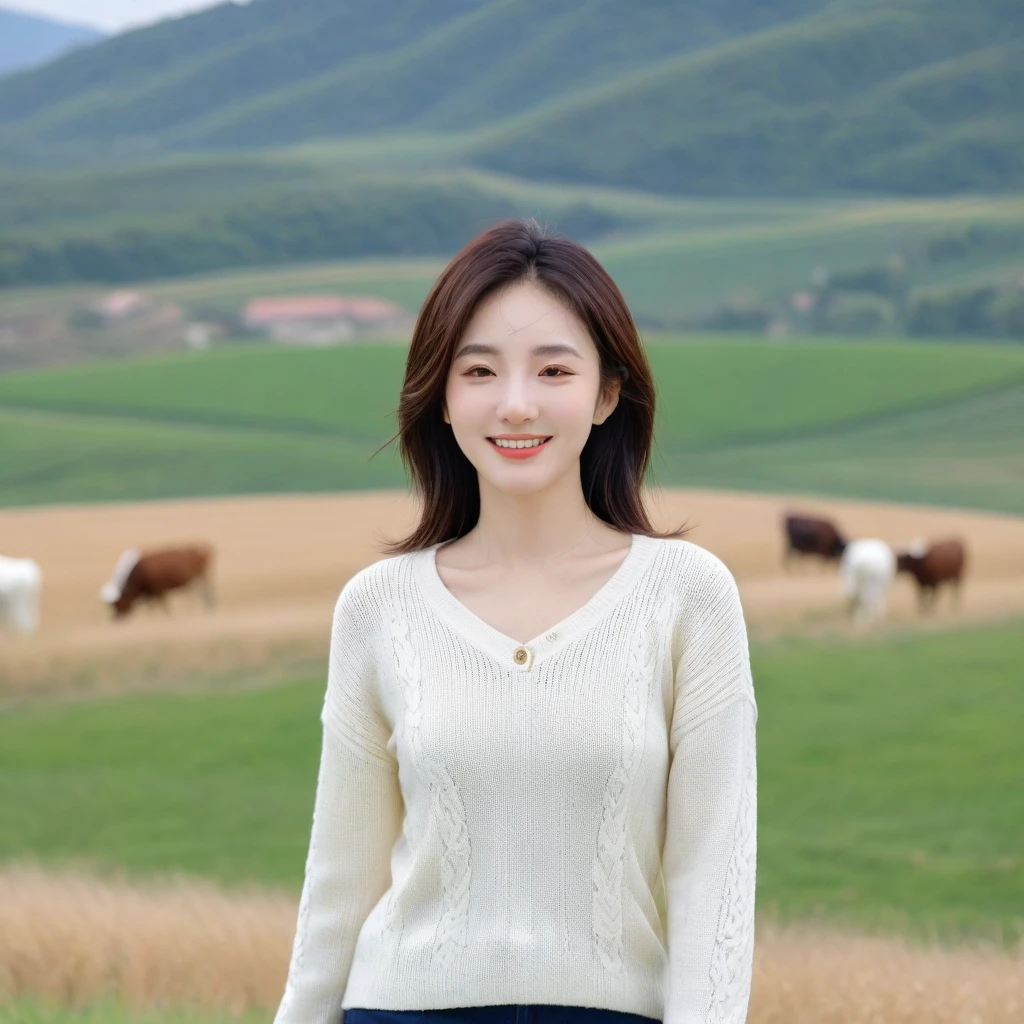 8k best picture quality, Beautiful 36-year-old Korean woman, I have good skin and clear and pretty eyes.. Chest size 34 inches, italian countryside village, The back background is realistic and vivid image quality, medium hair blowing in the wind, Wearing high-end luxury knitwear. casual pants, Smile, Short and slim Korean woman, Photo taken from a distance with a wide-angle lens, Cows graze on a wide plain, I can see a corn field in the distance