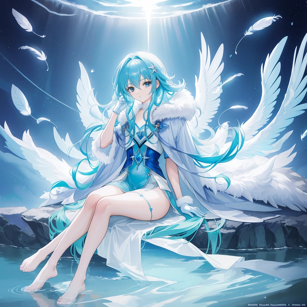 ((A long shot)) of a long aqua-haired anime teen girl, (sitting near a river), cinematic light, slim body, skin is perfectly healthy, soft, and smooth, Extremely delicate and beautiful CG illustration, best quality, high resolution, dynamic angle, full-length lens, (1 girl), floating, soft light, high-key lighting), glowing light, blue halo, feathers fluttering background, blue crystal, ((very cinematic)), ((wearing a blue winter coat with fur)), (wearing white gloves), barefoot