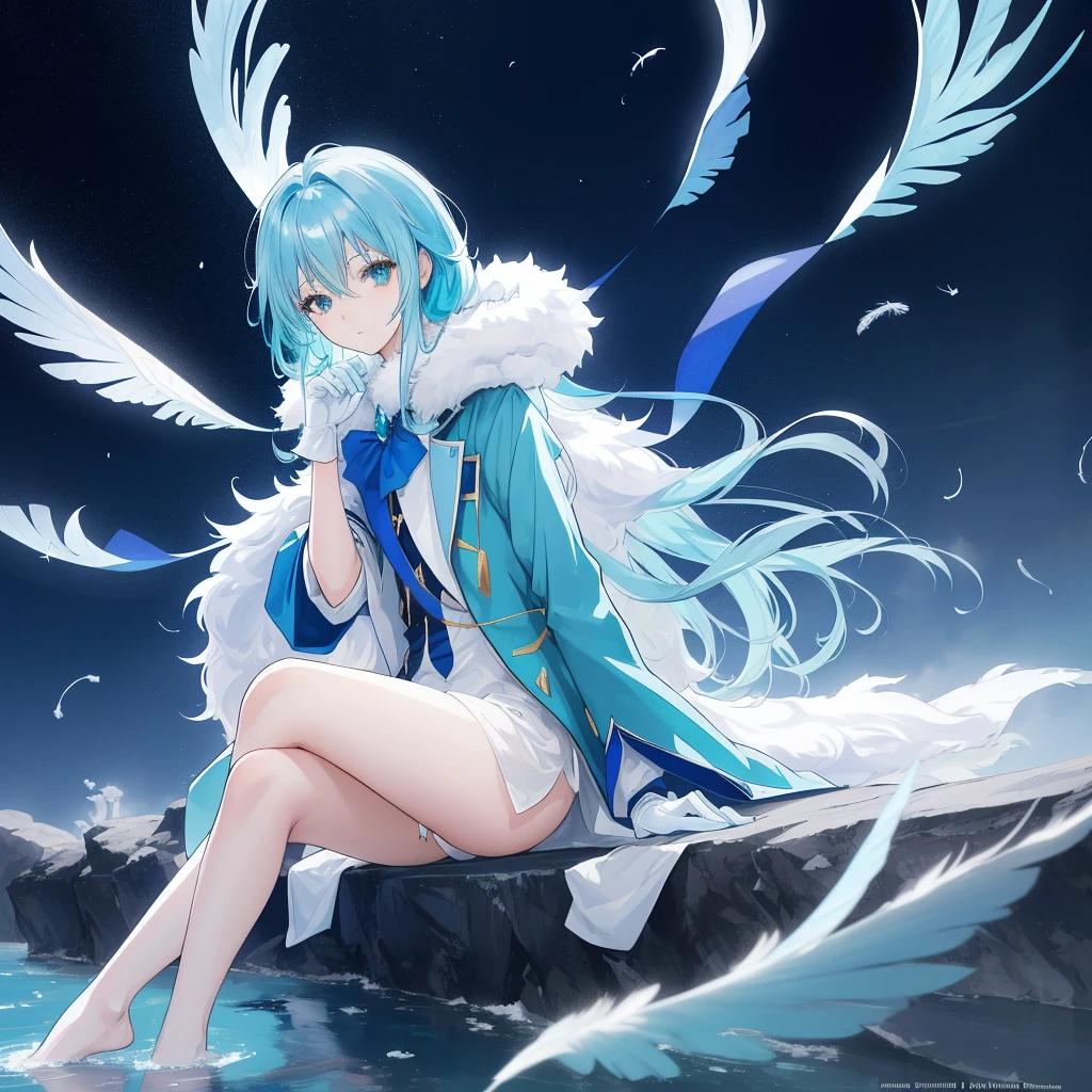 ((A long shot)) of a long aqua-haired anime  girl, (sitting near a river), cinematic light, slim body, skin is perfectly healthy, soft, and smooth, Extremely delicate and beautiful CG illustration, best quality, high resolution, dynamic angle, full-length lens, (1 girl), floating, soft light, high-key lighting), glowing light, blue halo, feathers fluttering background, blue crystal, ((very cinematic)), ((wearing a blue winter coat with fur)), (wearing white gloves), barefoot