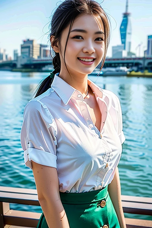 (A beautiful Korean lady, age 28, wearing formal White shirt with buttons & lime mini-skirt, WeatherCast news at Han River, friendly and feminine expressions, kind smile, dimpled chins, cute snaggle-tooth, short bob hair ponytail, symmetrical face, realistic detailed face, beautiful detailed eyes, perfect body proportions, ample round bosoms, photorealistic, hyper-realism, high contrast, ultra HD, realistic skin textures, top image quality, top-quality, super high resolution, fine details, very meticulously, masterpiece, head to knees, serene ambience, The_Cowboy_Shot, bokeh night background)