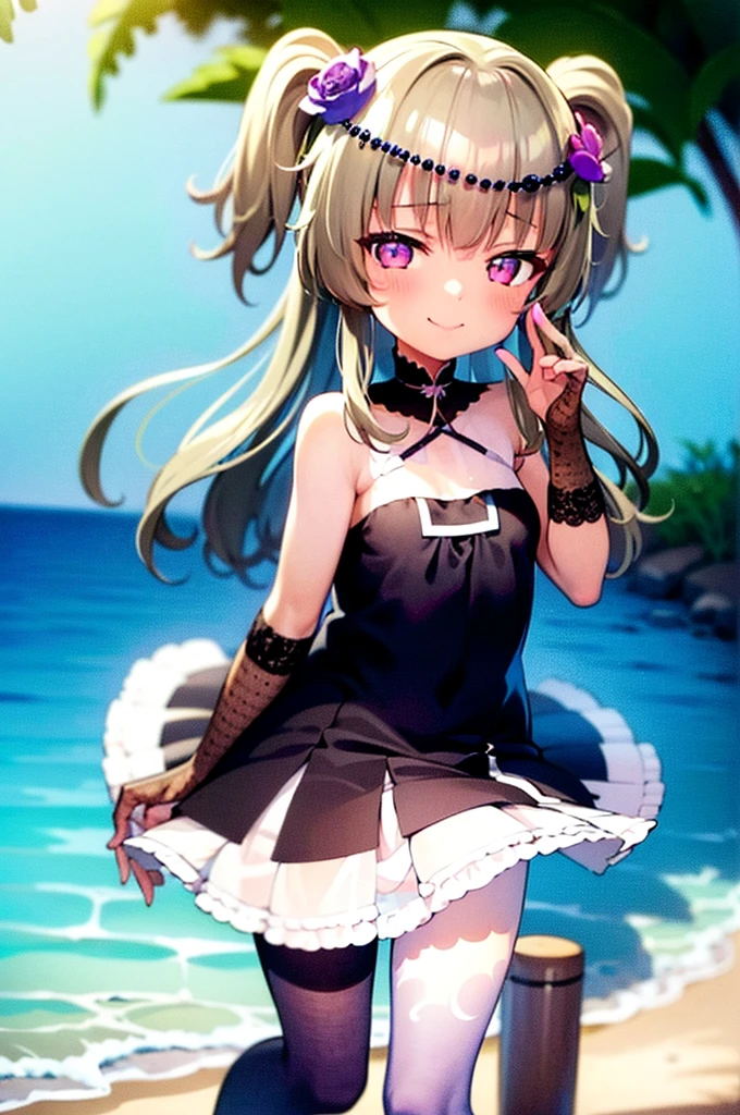 Himari Meimei, masterpiece, slim thighs, petit body, little young girl, flat chest, {1 Girl}, Cute and shy smile, Highly detailed sparkling purple eyes, In summer beach, nudist beach, 困り眉, open legs, legs up, silver grey hair, lying on beach bed
