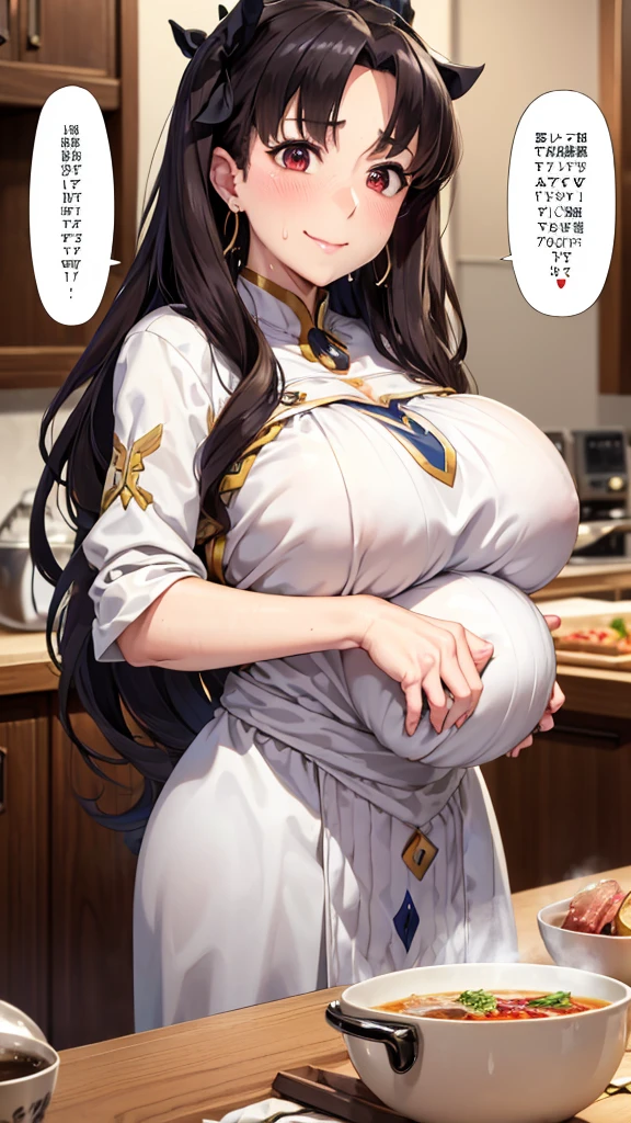 (Mature Woman:1.5), (mother:1.5), Ishtar, Fate Grand Order, (Absurd, 8K, 4K, Tabletop, Extremely detailed:1.2), Highest quality, Perfect Anatomy,Perfect Face, High humidity, (alone:1.2), (Sweaty:1.3), shortness of breath, High humidity, humid, (Black Hair:1.1), Red eyes, Looking into the camera, (Very large breasts:1.5), Light clothing, apron, (kitchen;1.1), (Having a conversation:1.5), (Speech bubble:1.2), A kind smile, relief, peace of mind, mother性, Cooking, have a ladle, pot, pot-au-feu