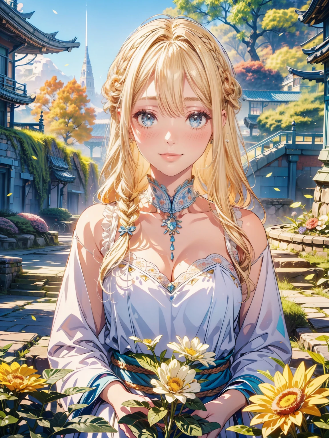 masterpiece,Highest quality,so beautiful,Absurd,Depth of written boundary,Chromatic_aberration,One girl,alone,smile,青い目でLight blonde hairの長髪の美女、goddess、White clothes、flower、Detailed landscape、Background Information、masterpiece, garden, blue sky, Light blonde hair, Long Hair, Long eyelashes、