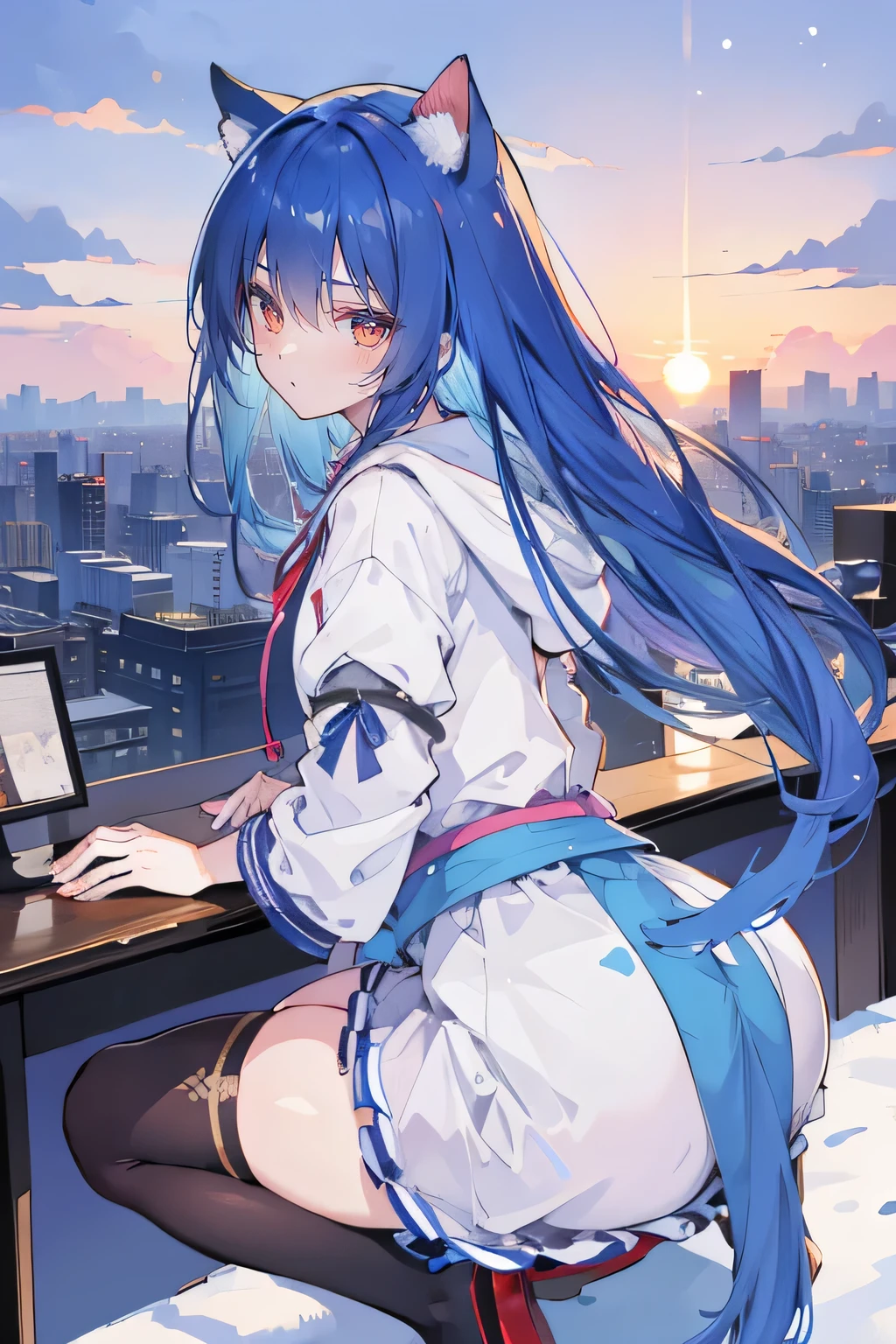 (masterpiece:1.2),Super detailed,lifelike,Expressive eyes,fair skin,perfect face shape,1 girl,
Japanese comics,Gorgeous blue hair,flowing blue hair,flowing clothes,Cat ears,Petals fall,beautiful lola,Baby Angel,
Cross your legs,Gentle and peaceful background,The pavilion is cool and comfortable,smile, wearing hoodie, background of tokyo,back views,snowing, winter,sunrise.