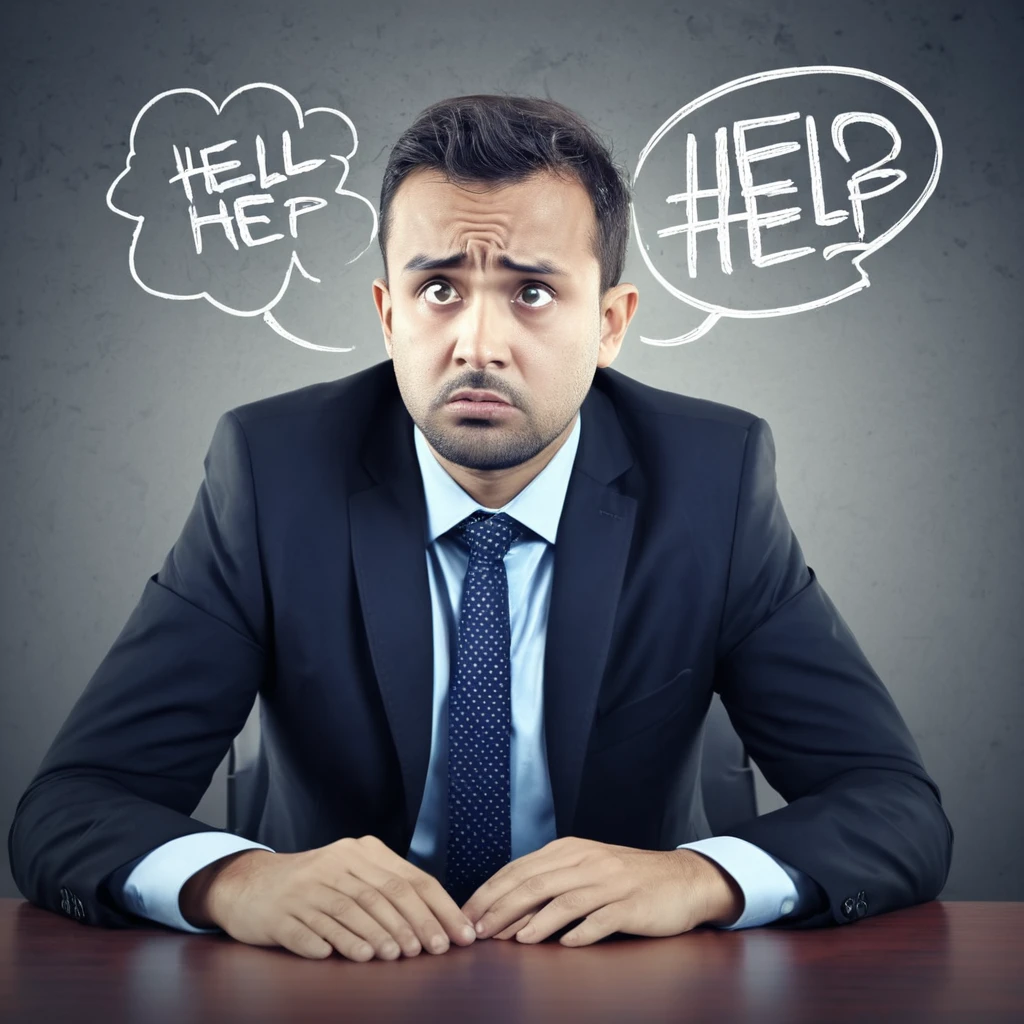 sad businessman with doubts needs help