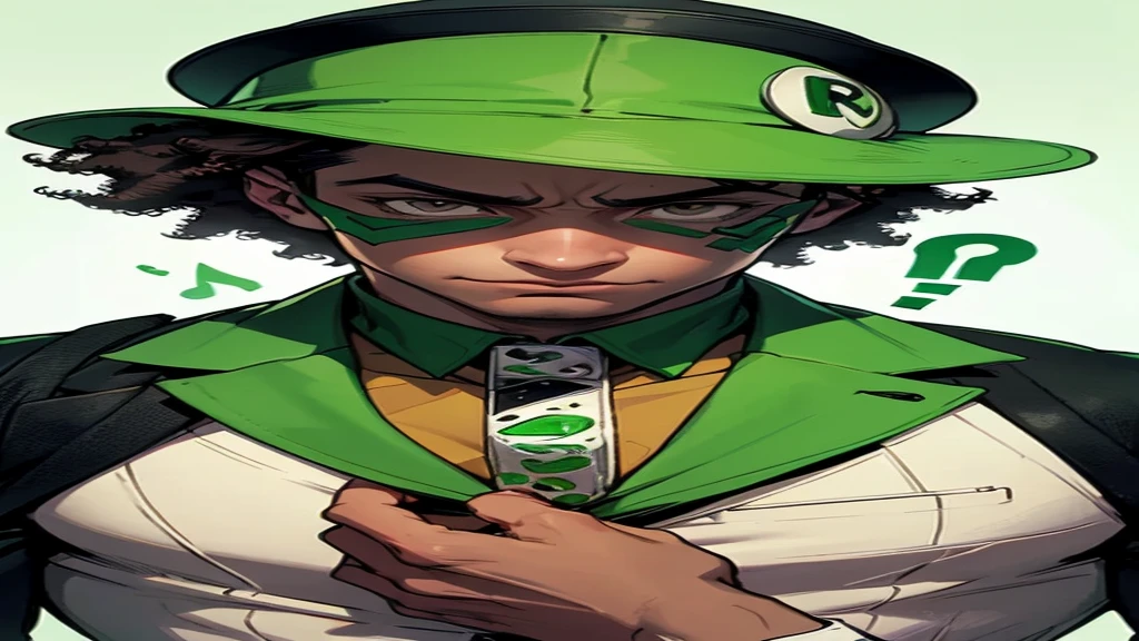 "Create an abstract art image in a monochromatic white and green color scheme, featuring the character Riddler as the focal point. The Riddler should be wearing a green bowler hat and a green blazer with white question marks. He should have dark skin, kinky hair, and brown eyes, with his face depicted in a mysterious, partially hidden manner."