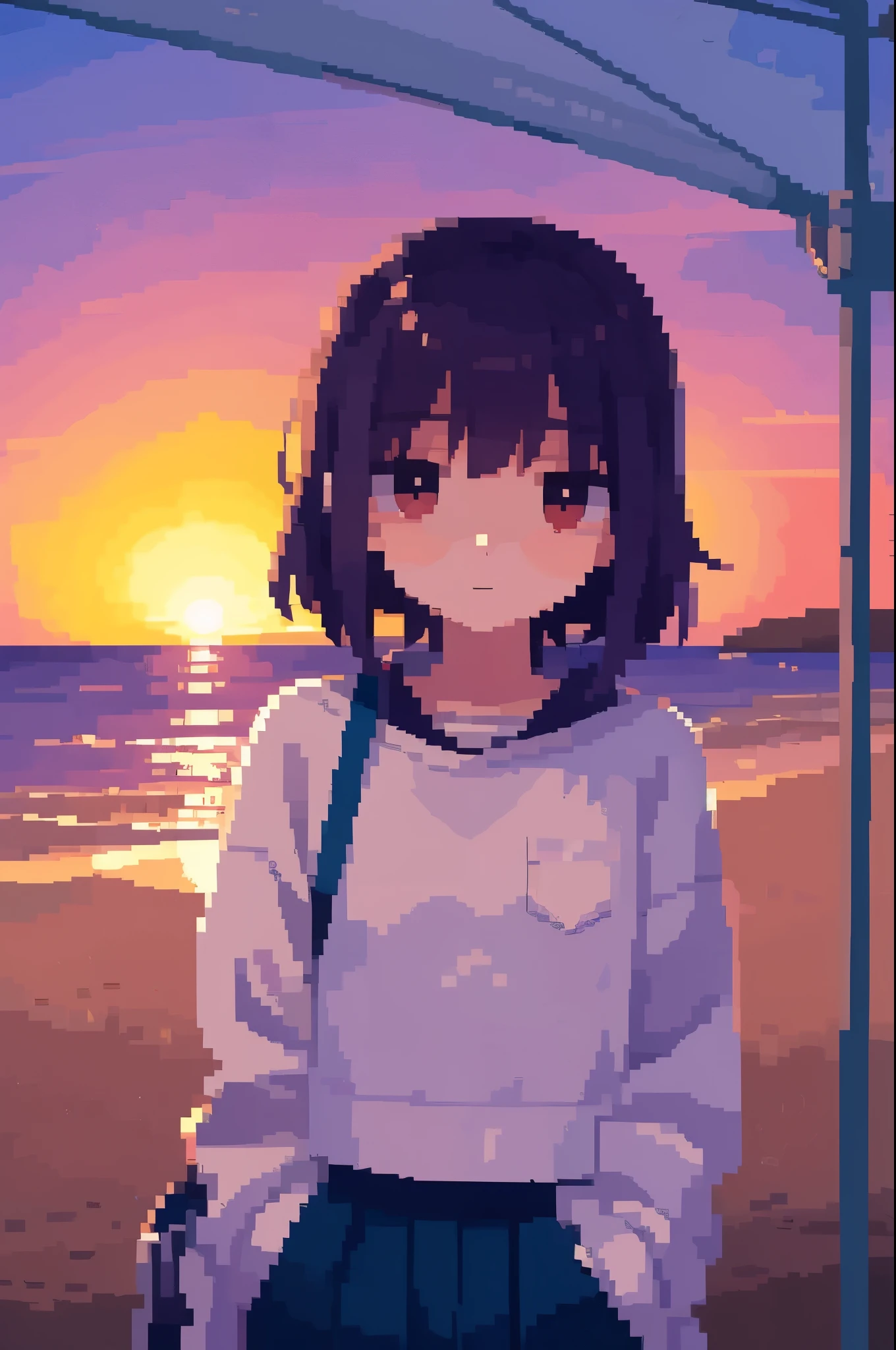 Sunset，On the road by the sea，A -yeld giis looking at the camera with reluctant eyes，Wearing a sweatshirt with pockets，Pixel style，Upper Body，Lens wide angle，Atmospheric lens，The girl is in the lower right corner of the camera