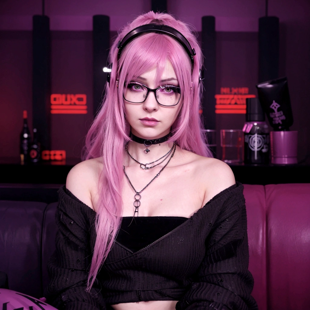 there is a woman with glasses sitting on a sofa in a room, cyber punk vibe, dreamy cyber punk girl, cyber punk vibes, anime vibes, cyber punk look, gothic mall, in cyber punk aesthetic, second life avatar, ovelha, cyber punk))))), goth vibe, cyberpunk scenario, darkwave gothic aesthetic, no cyberpunk 2077, muted cyber punk style, e - girl