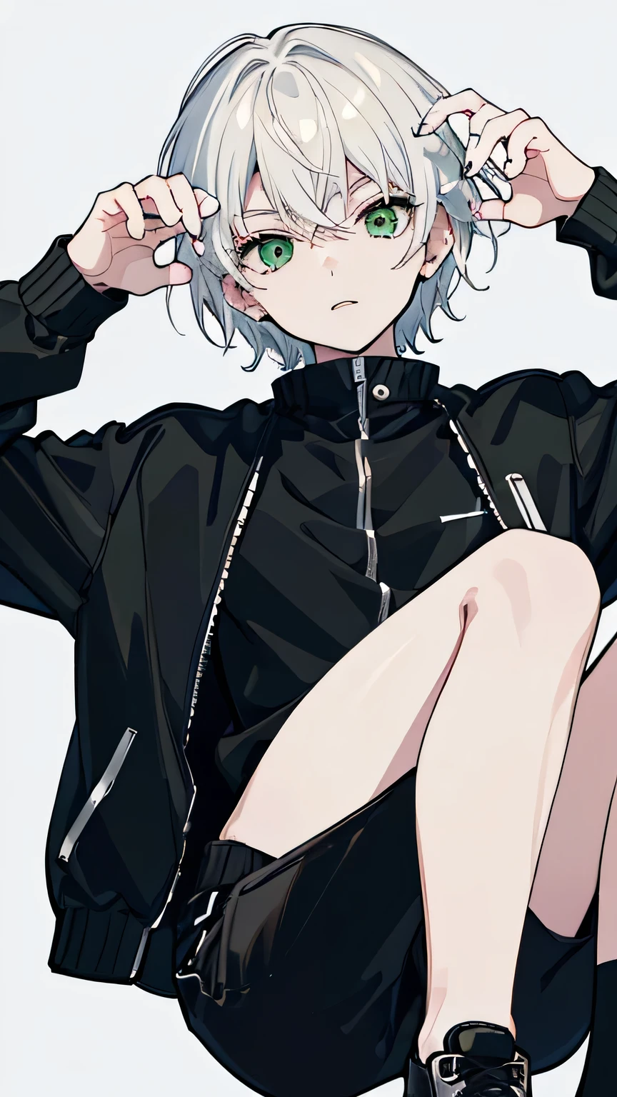 masterpiece, Facial details, Very detailed, 8K, Modern Style, ((One young man)), woman, Short white hair, Green Eyes, black track jacket, Black trousers, I can see the shoes, White Background, joy, front, upper body, claw pose,
