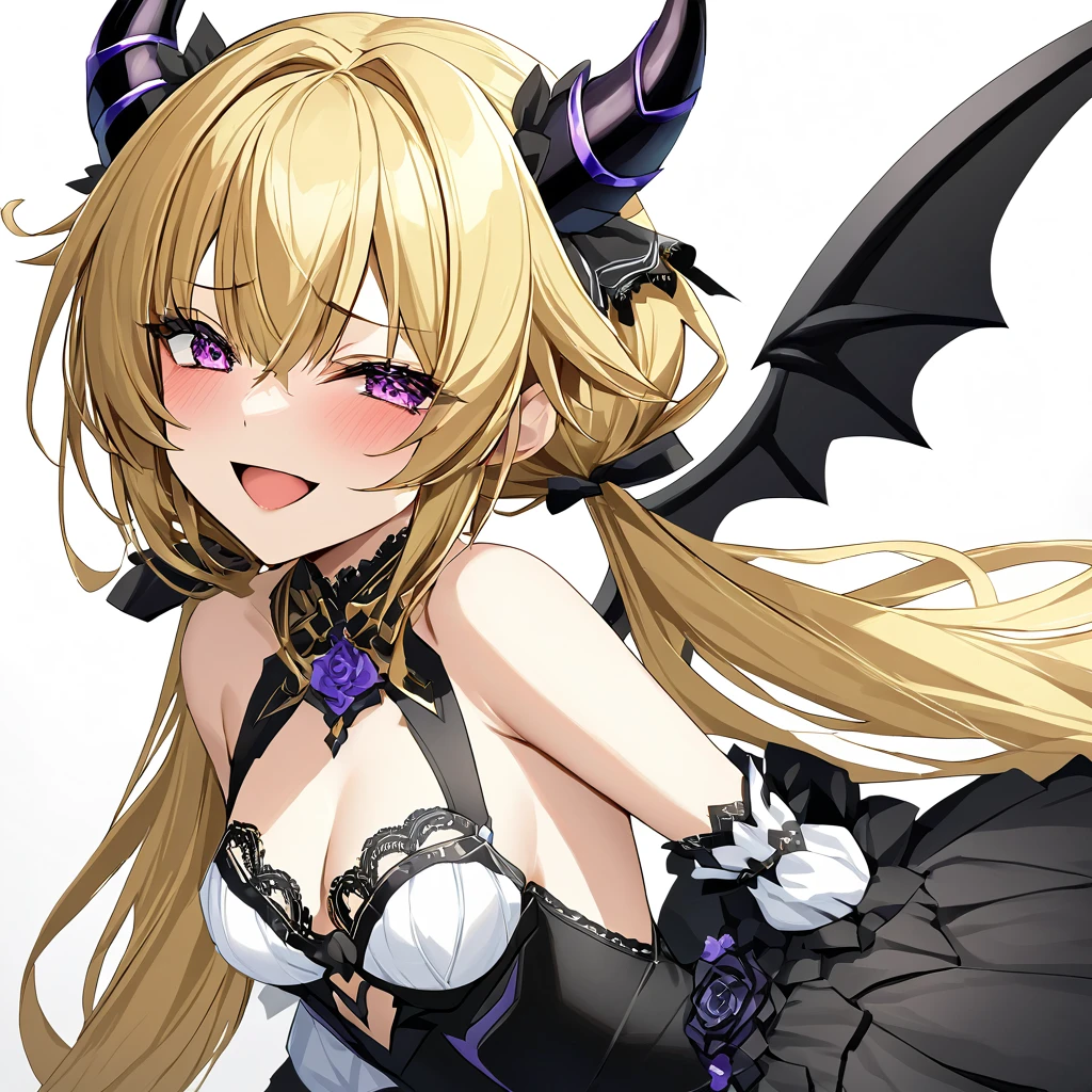 ((Highest quality)), ((masterpiece)), (detailed), （Perfect Face）、The woman is the Devil Queen Extia Spica, a female demon wearing a gorgeous black wedding dress decorated with gold.、The woman is a female demon with magnificent devil horns, jet black devil wings, and a jet black tail. She is looking at the camera with a happy expression on her face, her blonde medium-long hair tied in two ponytails at the back, and the expression of a girl in love.、The woman is Extia Spica