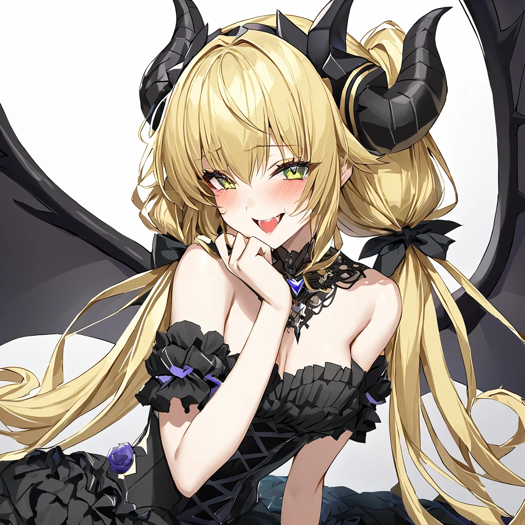 ((Highest quality)), ((masterpiece)), (detailed), (Perfect Face)、The woman is the Devil Queen Extia Spica, a female demon wearing a gorgeous black wedding dress decorated with gold.、The woman is a female demon with magnificent devil horns, jet black devil wings, and a jet black tail. She is looking at the camera with a happy expression on her face, her blonde medium-long hair tied in two ponytails at the back, and the expression of a girl in love.、The woman is Extia Spica