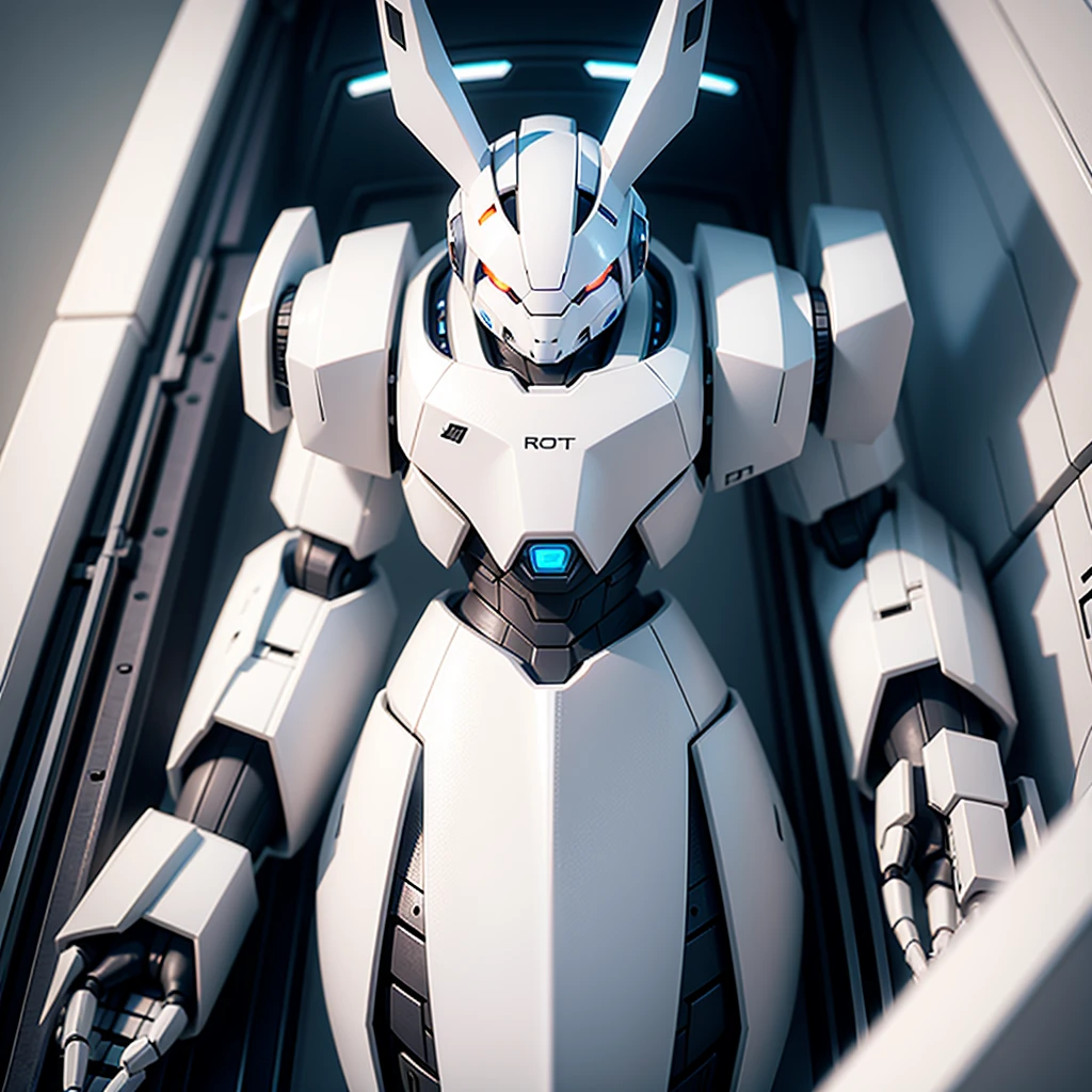 robot rabbit, White color, front portrait photo style,