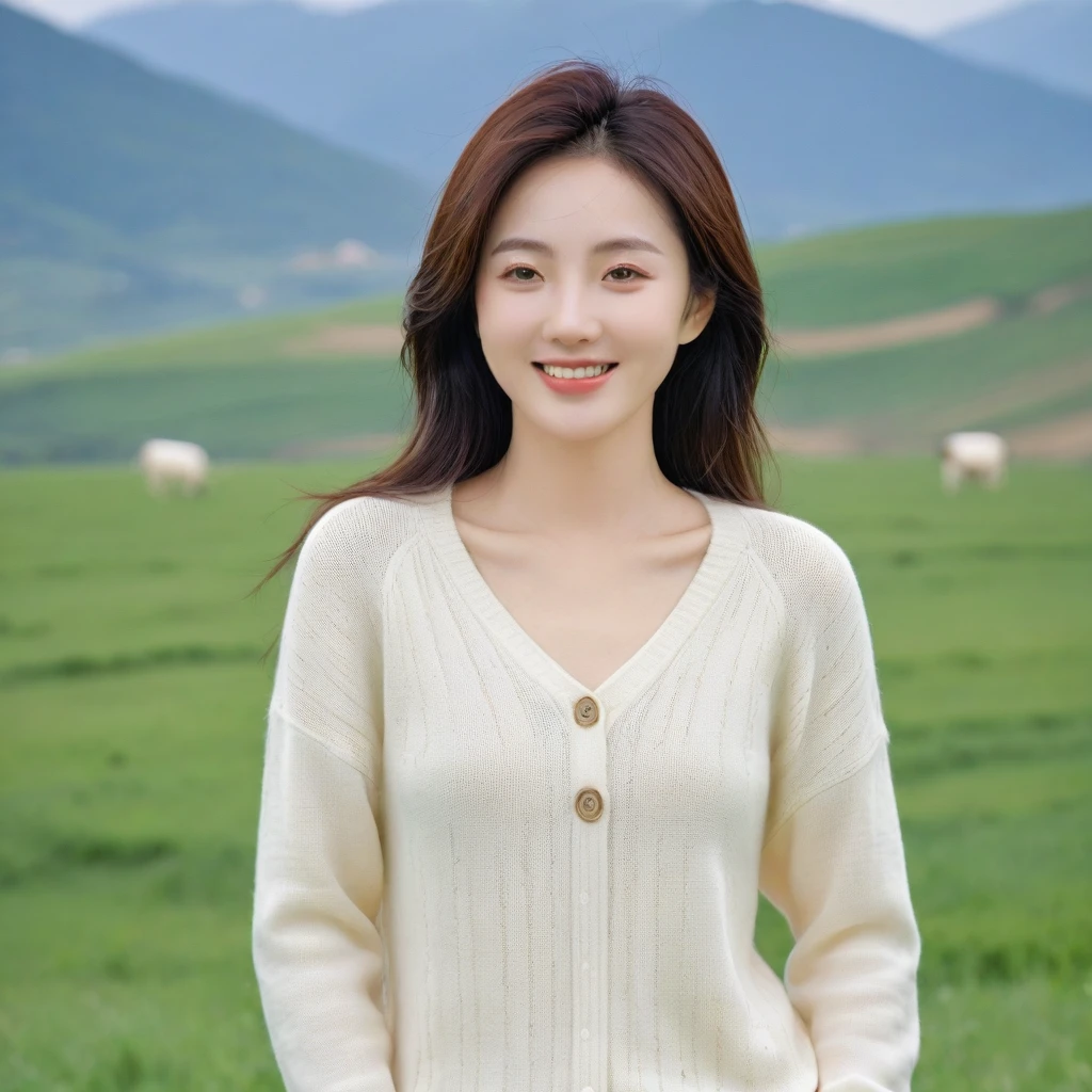 8k best picture quality, Beautiful 36-year-old Korean woman, I have good skin and clear and pretty eyes.. Chest size 34 inches, Dairy cows graze in the distance in the Italian countryside , The back background is realistic and vivid image quality, medium hair blowing in the wind, Wearing high-end luxury knitwear. casual pants, Smile, Short and slim Korean woman, Full-body photo taken from afar with a wide-angle lens