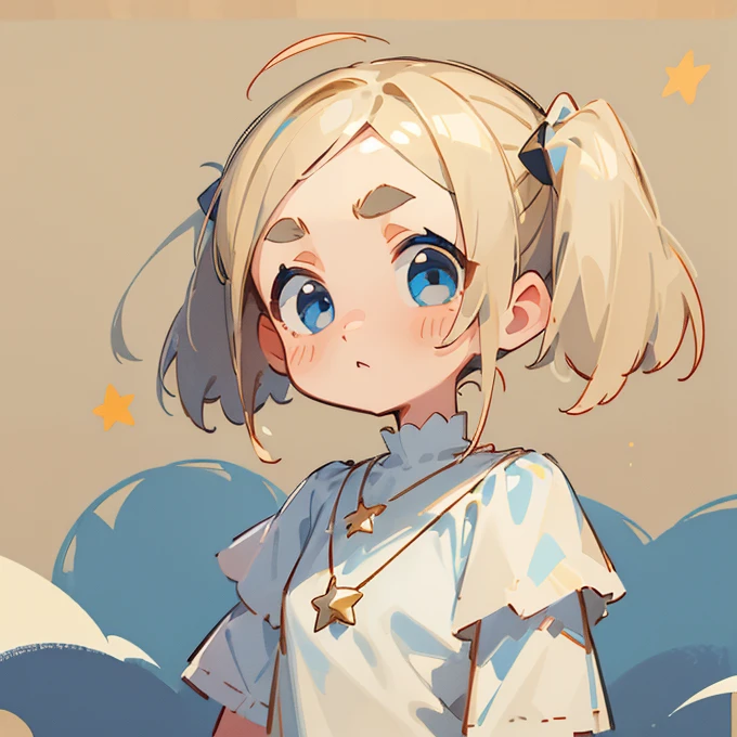 (masterpiece, Highest quality:1.2), (2 head body chibi character:1.1), Light beige hair, Twin tails, Blue Eyes, White off-shoulder blouse, Denim shorts, Short bangs, Thick eyebrows, Star Necklace, A lively atmosphere, Troubled face, View your viewers