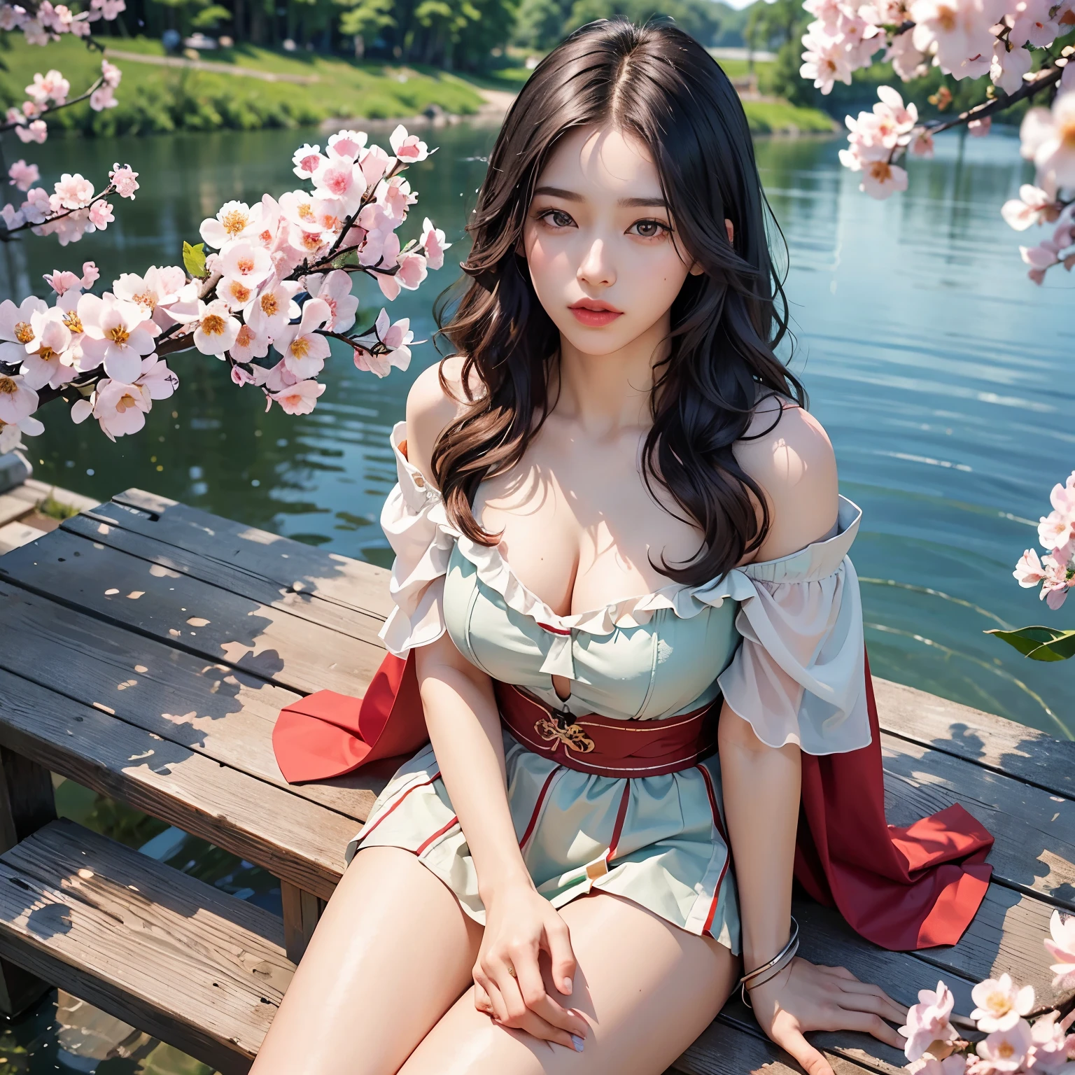 Top quality、(Original Photography:1.2)、(masterpiece:1.4)、(Photorealistic:1.4)、(high resolution:1.4)、
1 Woman、Length of hair、Flowing hair、Thighs Thighs Thighs Thighs、Off-shoulder、Hand fan、Depth of Field、from above、
Flower viewing、Cherry tree、lake、Beautiful and delicate water、goldfish、Hanfu、Tongue style、