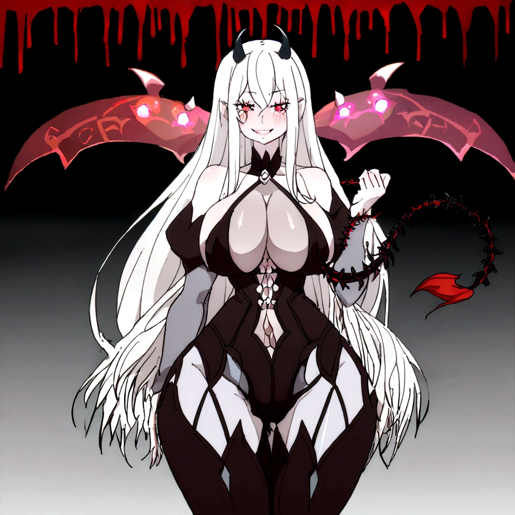 girl, (huge breasts size 160 cm), (narrow waist), Powerful woman, echidna re:zero, by white, big butt 130 cm, beautiful face, fine features, Red eyes, SMILE, devil, evil, psychopath, horns