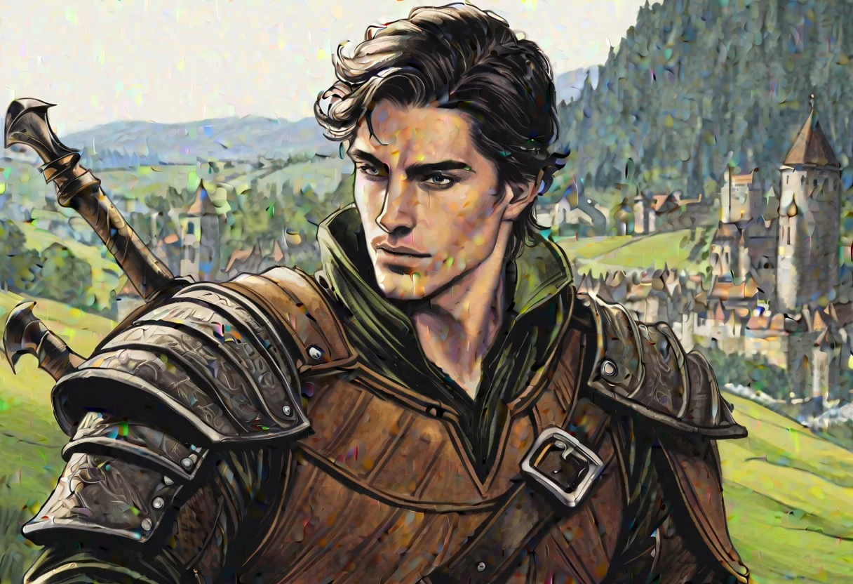 colored pencils, pictorial \(styled\), male rogue from the Elder Scrolls series, trunk, portraite, short dark hair, golden eye, Light green skin, brown leather armor, simple shoulder pad, black leather boots in a medieval European landscape, Dynamic shading, extremely detaild, light and dark colors,
