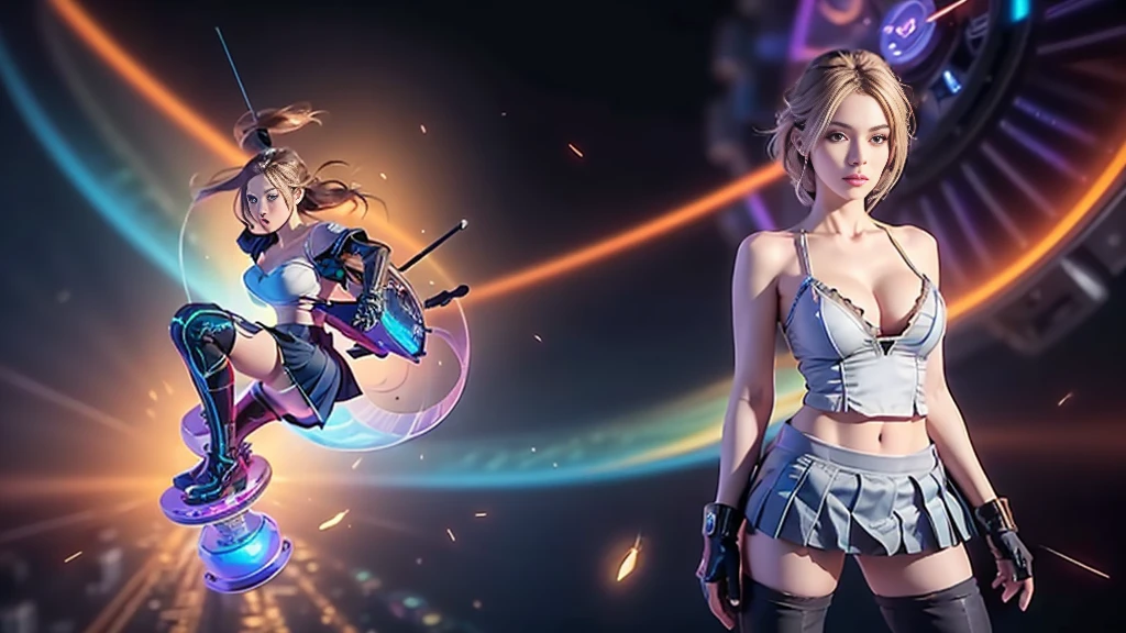 At night, (((aerial view of futuristic sci-fi cyberpunk city, skyscrapers, (((flying cars))), (vortex-spirit-spreading giant ghost hologram (((clock tower))) as time machine), high quality))). Matrix style, (1girl, solo), photo realistic, (((large-breast:1.2 slim body, cleavage:1.3, perfect face, tube top, short pleated (((miniskirt)))))), (((((matrix style black (sunglasses), aiming at viewer with a (mini rifle):0.3))))), (((dynamic pose, half-body (thigh level) medium shot))), cinematic lighting.