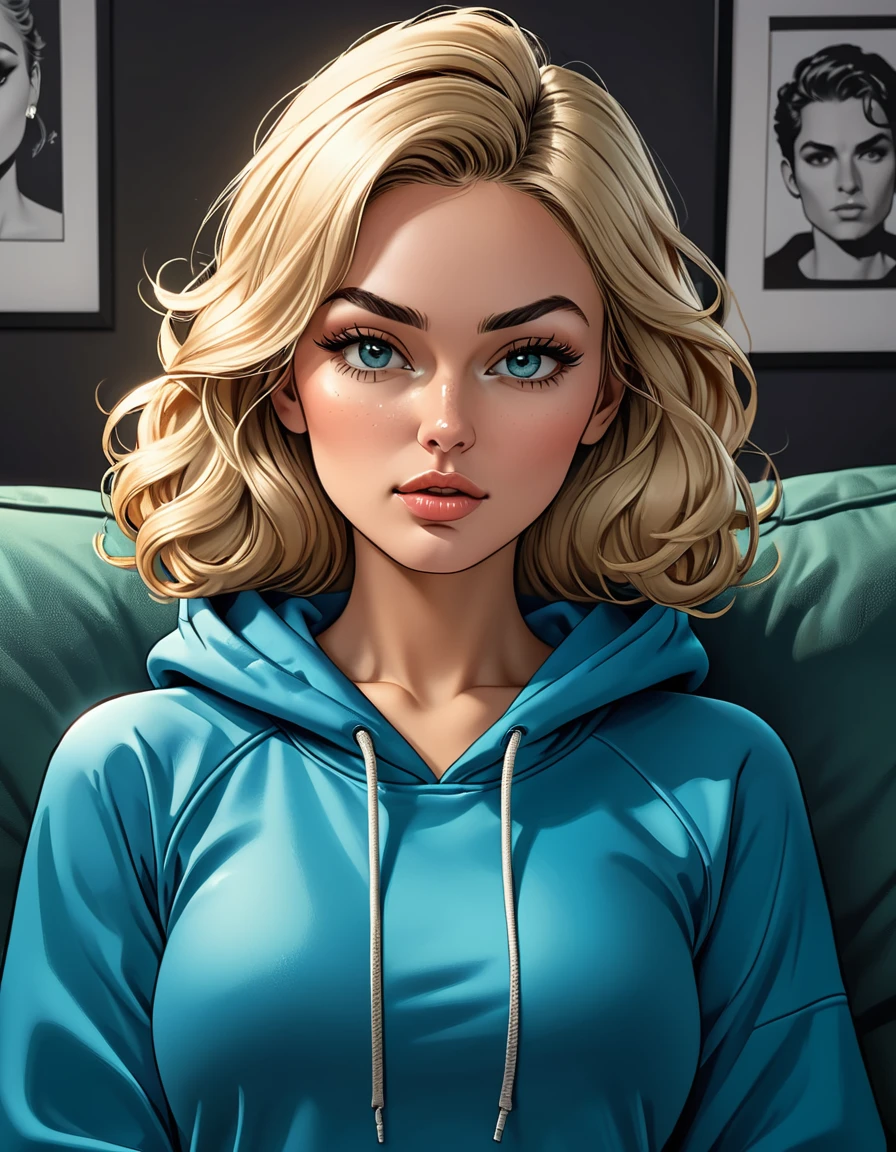 ((((glow blue eyes)))),(angry), girl lies with ((glow blue eyes closed)) in (Blue oversized hoodie) ((at sofa at dark green office)), adult, [Nordic], Hourglass elongated fitness body, perfect Olive skin, Oval Face, Long neck, Rounded shoulders, perfect hand, Attached Pointed ears, round forehead, Short blonde Waves pixie hair, snub nose, Arched eyebrows, High Round Narrow cheekbones, Dimpled Cheeks, Rounded Chin, Rounded Jawline, Full nude Lips, Nude Makeup Look, long eyelashes, graphic style of novel comics, 2d, 8k, hyperrealism, masterpiece, high resolution, best quality, ultra-detailed, super realistic, Hyperrealistic art, high-quality, ultra high res, highest detailed, lot of details, Extremely high-resolution details, incredibly lifelike, colourful, soft cinematic light,